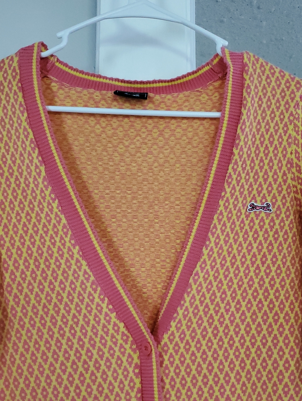 Le Tigre Yellow and Pink Diamond-Pattern Cardigan. Small. - Picture 3 of 12
